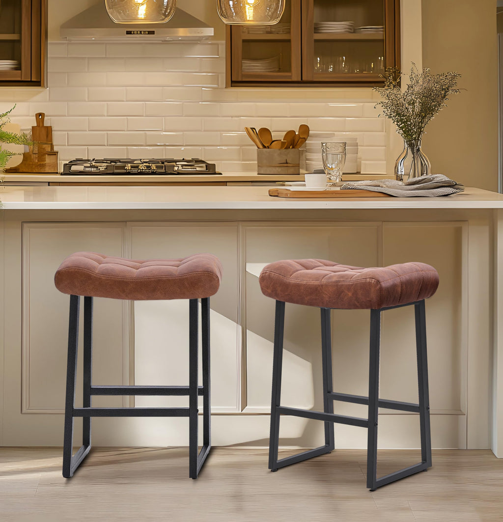 Modern Bar Stools Set of 3 for Kitchen Counter 24 inch Counter Height Backless Barstools with Upholstered Faux Leather Saddle Seat and Metal Frame Industrial Bar Chairs, Brown