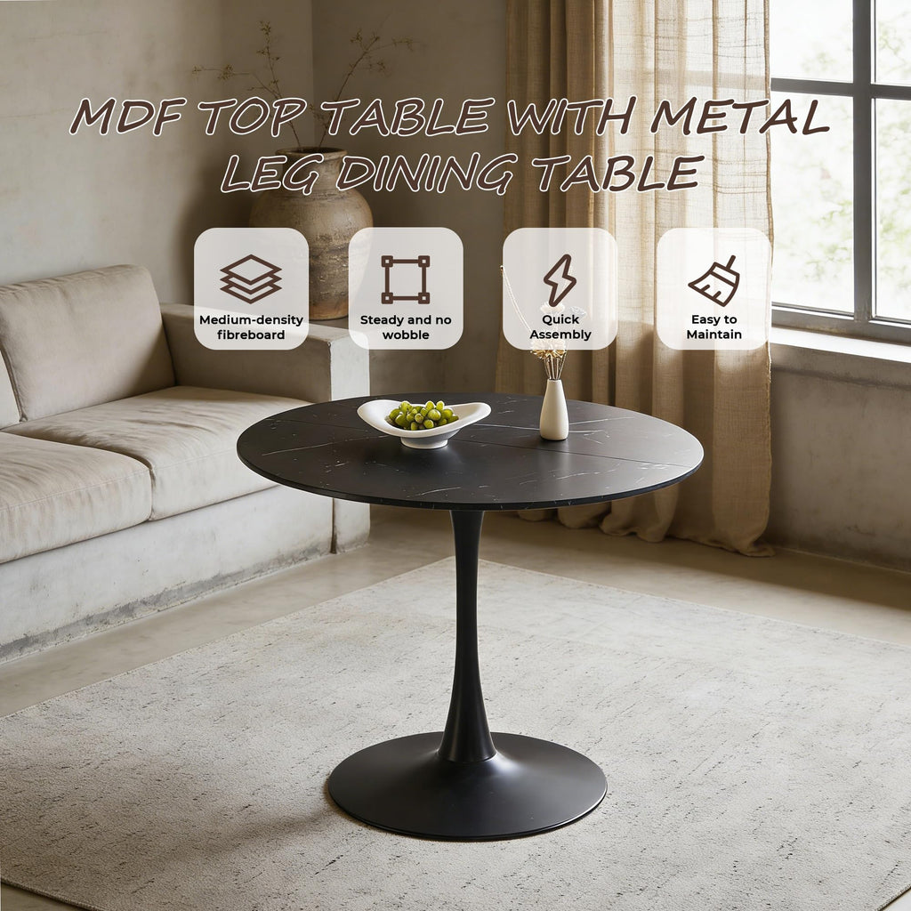 42" Tulip Table for 4-6 Persons Modern Round Dining Table, Mid-Century Modern Black Marble Small Kitchen Table with MDF Wooden Top, Leisure Coffee Table for Living Room, Dining Room, Office