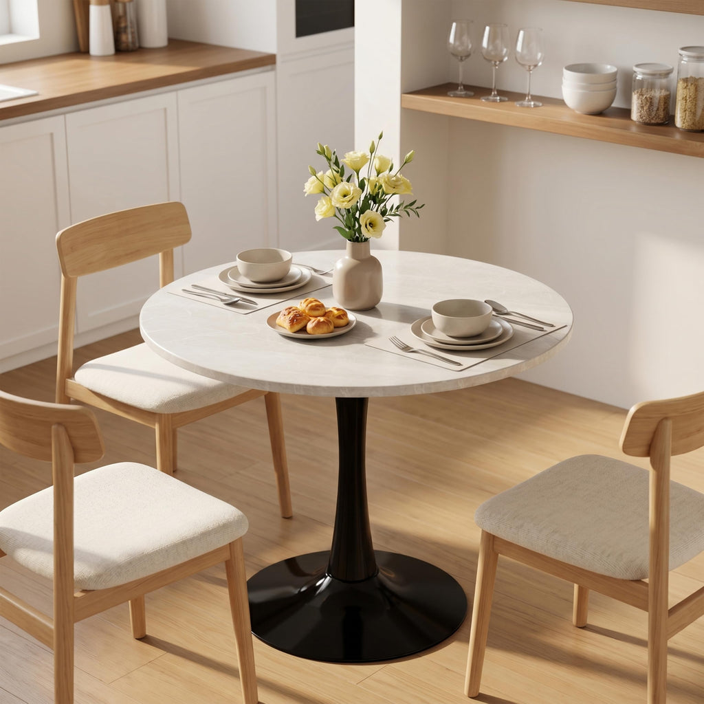 27.6" Marble Round Tulip Table, Mid-Century Modern Style Dining Table with Black Pedestal Base for 2-4 People, Featuring A Marble Tabletop for Kitchen, Dining Room, Cafe (Grayish White)
