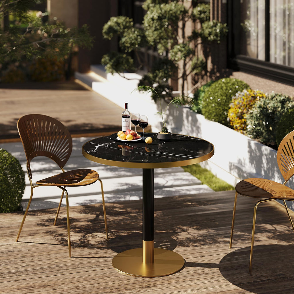 31.5" Tulip Table,Round Kitchen Dining Table for 2-4 with Thick Sintered Stone Top,Titanium Golden Pedestal Base,Heat-Resistant,Bistro Table for Dining Room,Café,Small Space（Inky Axis）