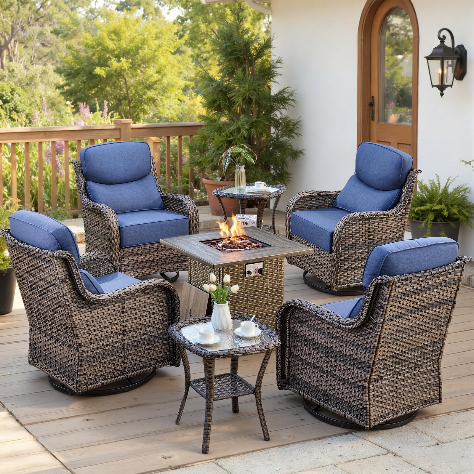 Luxury 6" Thick Cushioned Outdoor Swivel Rocker Chairs Set of 4 with Fire Pit Table, High Back Wicker Patio Furniture Set with Ergonomic Zone Back, Conversation Set for Deck Porch - Grey+Blue