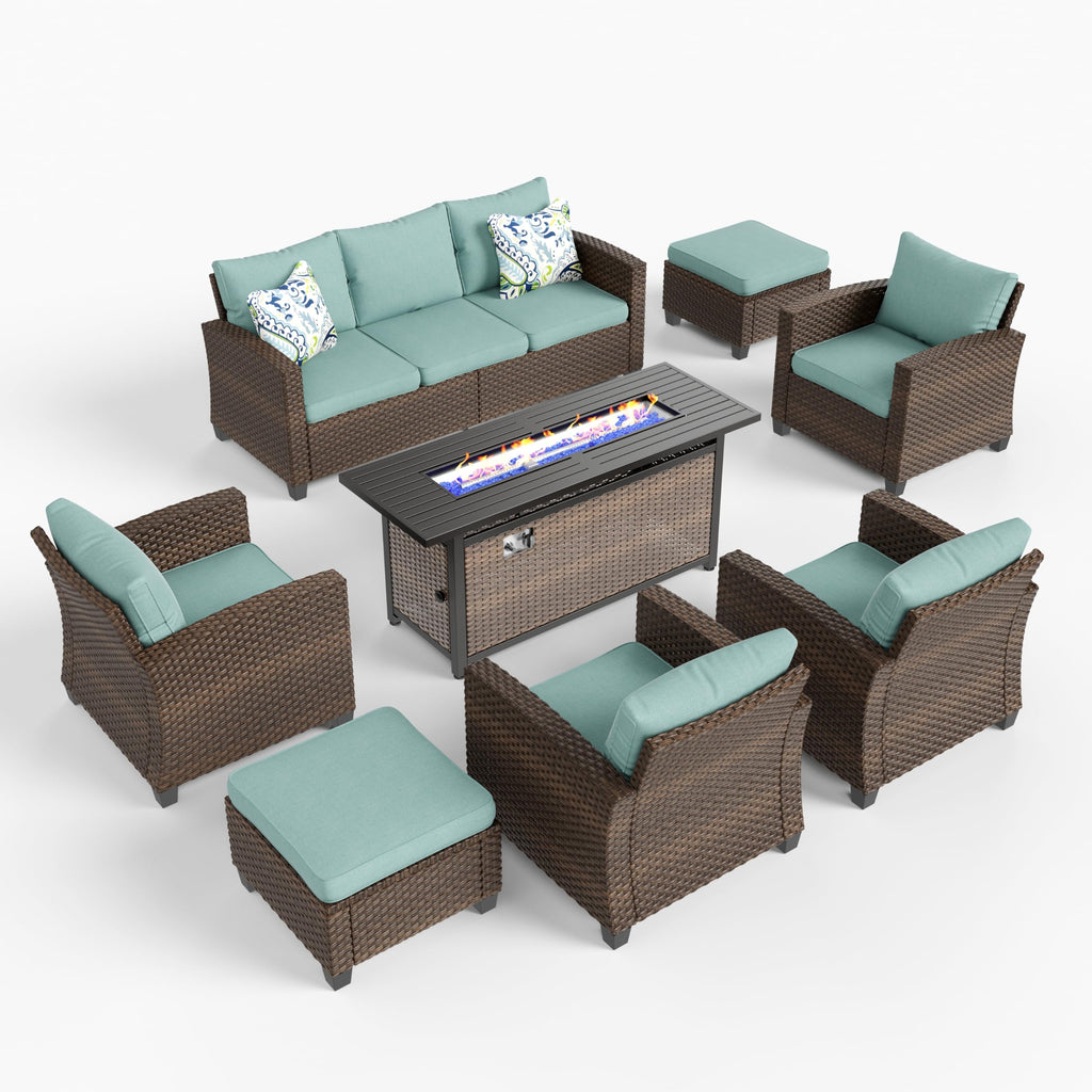 Patio Furniture Set with Fire Pit Table, Outdoor Wicker Furniture, All Weather Deep Seating Conversation Sofa Set, Brown Rattan Chairs for Deck Backyard, Blue