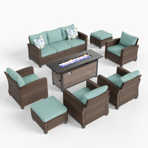 Patio Furniture Set with Fire Pit Table, Outdoor Wicker Furniture, All Weather Deep Seating Conversation Sofa Set, Brown Rattan Chairs for Deck Backyard, Blue