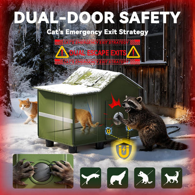 Heated Cat Shelter for Outside, Large Outdoor Cat House with Roof Window and Cozy Cushion, Weatherproof Foldable and Easy Assembly Design, Ideal for Stray and Feral Cats