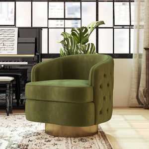 Modern Accent Chair, Swivel Barrel Armchair for Living Room, Button Tufted Velvet Comfy Chairs, Round Upholstered Single Sofa Seating with Gold Base, Green
