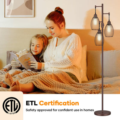 Dimmable Floor Lamp,3x800LM LED Bulbs Included, Farmhouse Industrial Floor Lamp Standing Tree Lamp with Teardrop Cage Head Tall Lamp for Living Room Bedroom Office Dining Room - Matte Brown