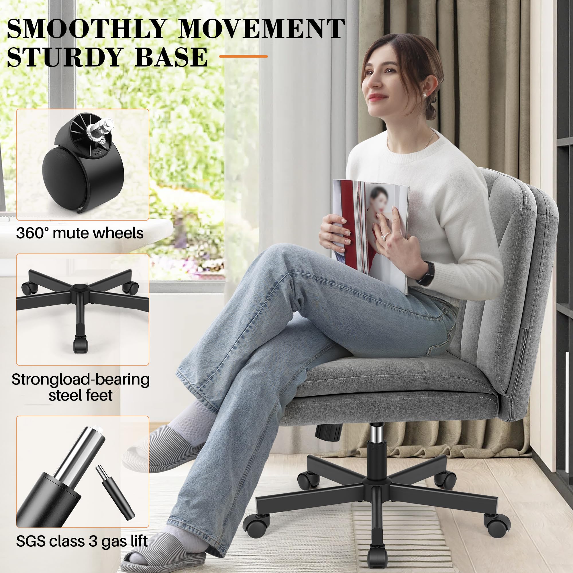Criss Cross Chair with Wheels, Cross Legged Office Chair, Armless Wide Vanity Desk Chair with 2 Layer Comfty Velvet & Back - Swivel for Home Office Bedroom, Velvet Gray