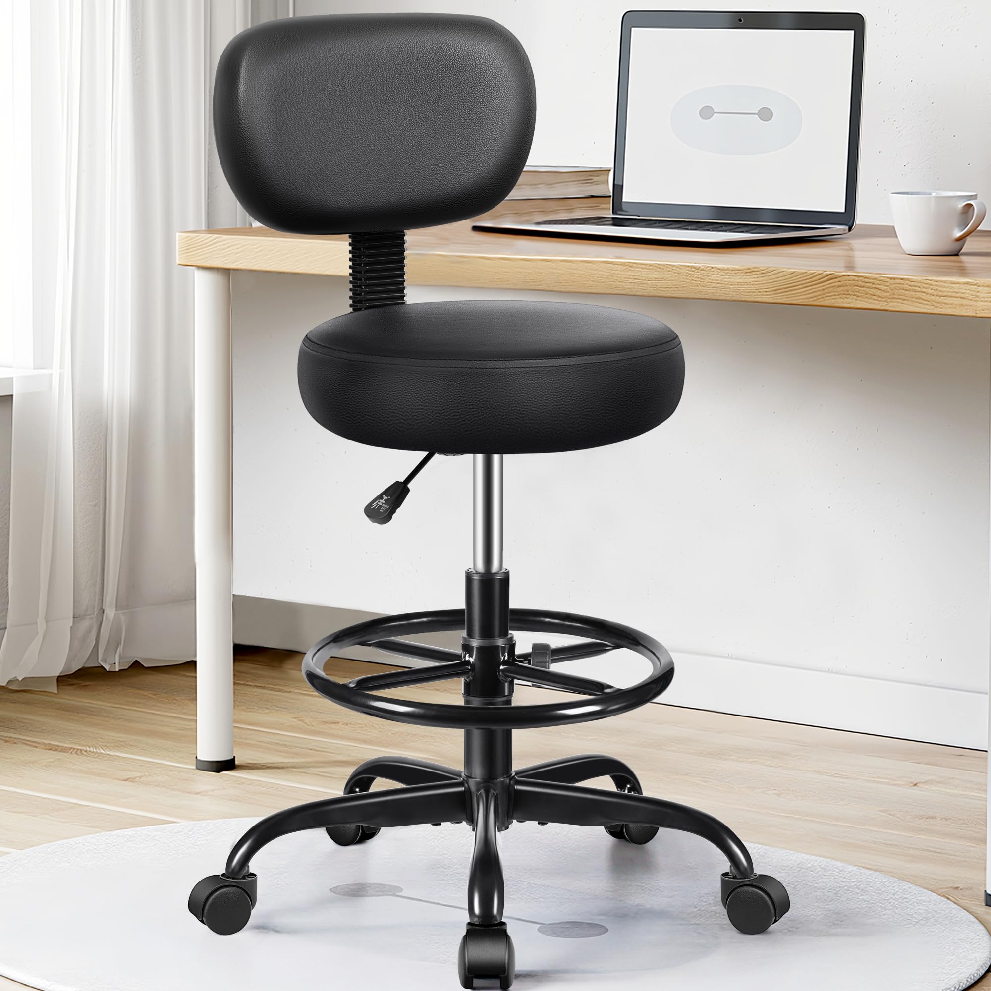 Pack of 10, Drafting Chair with Backrest – Adjustable Foot Rest Rolling Stool with Wheels, PU Leather Swivel Stool for Office Spa Studio Lab Counter Salon Home Work Bar Kitchen Shop(Black),