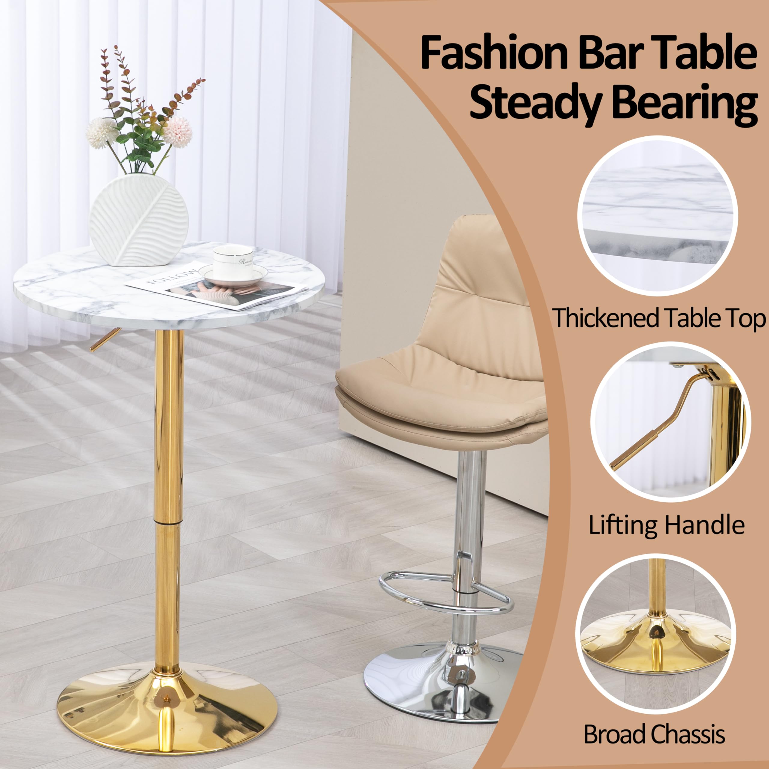 24'' Round Cocktail Bar Table with Metal Base, Tall Bistro Pub Table, Adjustable 27.9''-35.4'' Counter Bar Height for Kitchen, Dining Room, Living Room, Easy Assembly, Gold