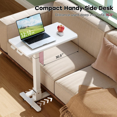 Foldable Mobile Standing Desk, 27 Inch Small Rolling Laptop Cart Height Adjustment, 90° Tiltable Bedside Table, No Assembly Needed Portable Computer Workstation, White