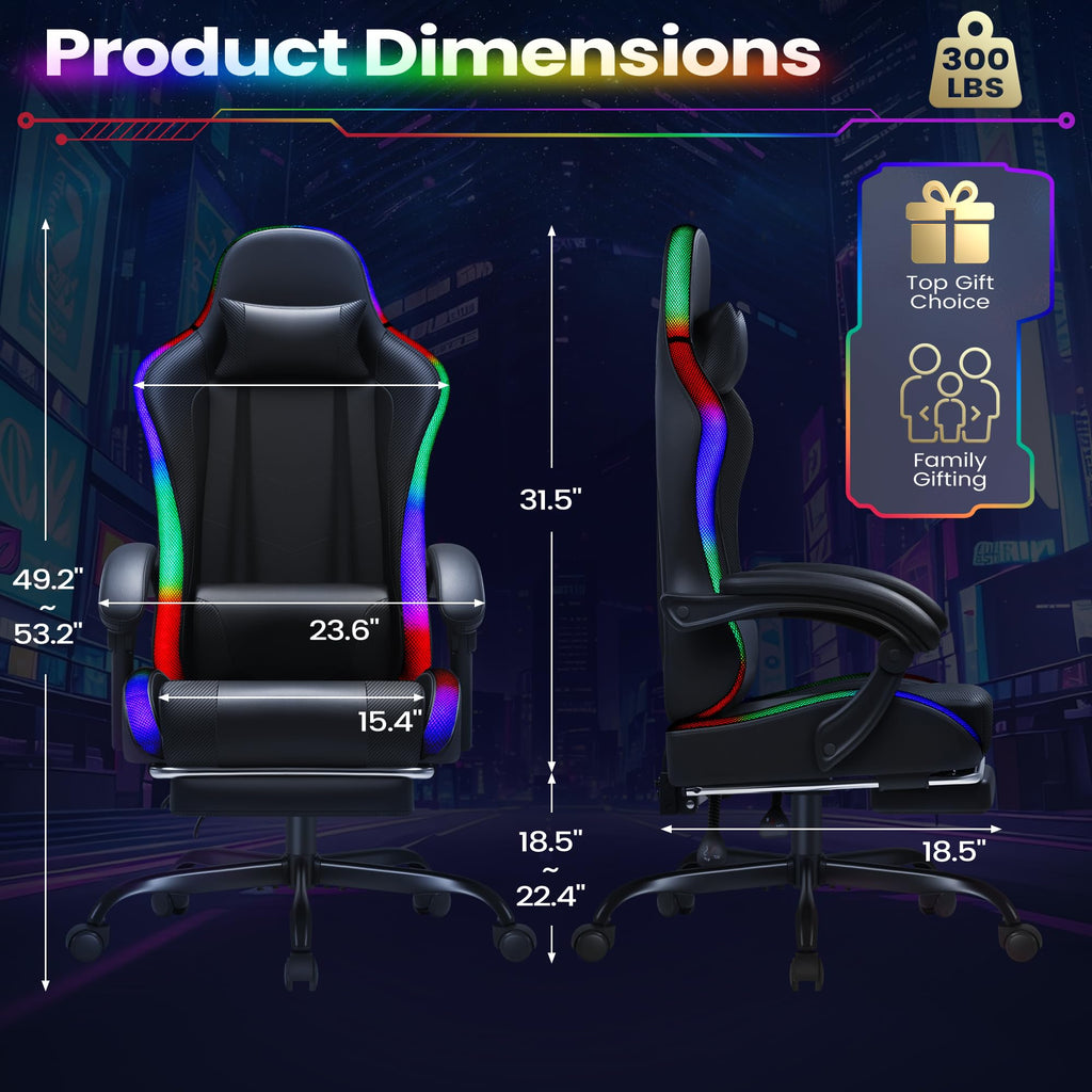 Gaming Chair, Video Game Chair with Footrest and Massage Lumbar Support, Ergonomic Computer Chair Height Adjustable with Swivel Seat and Headrest (RGB Dark Black)
