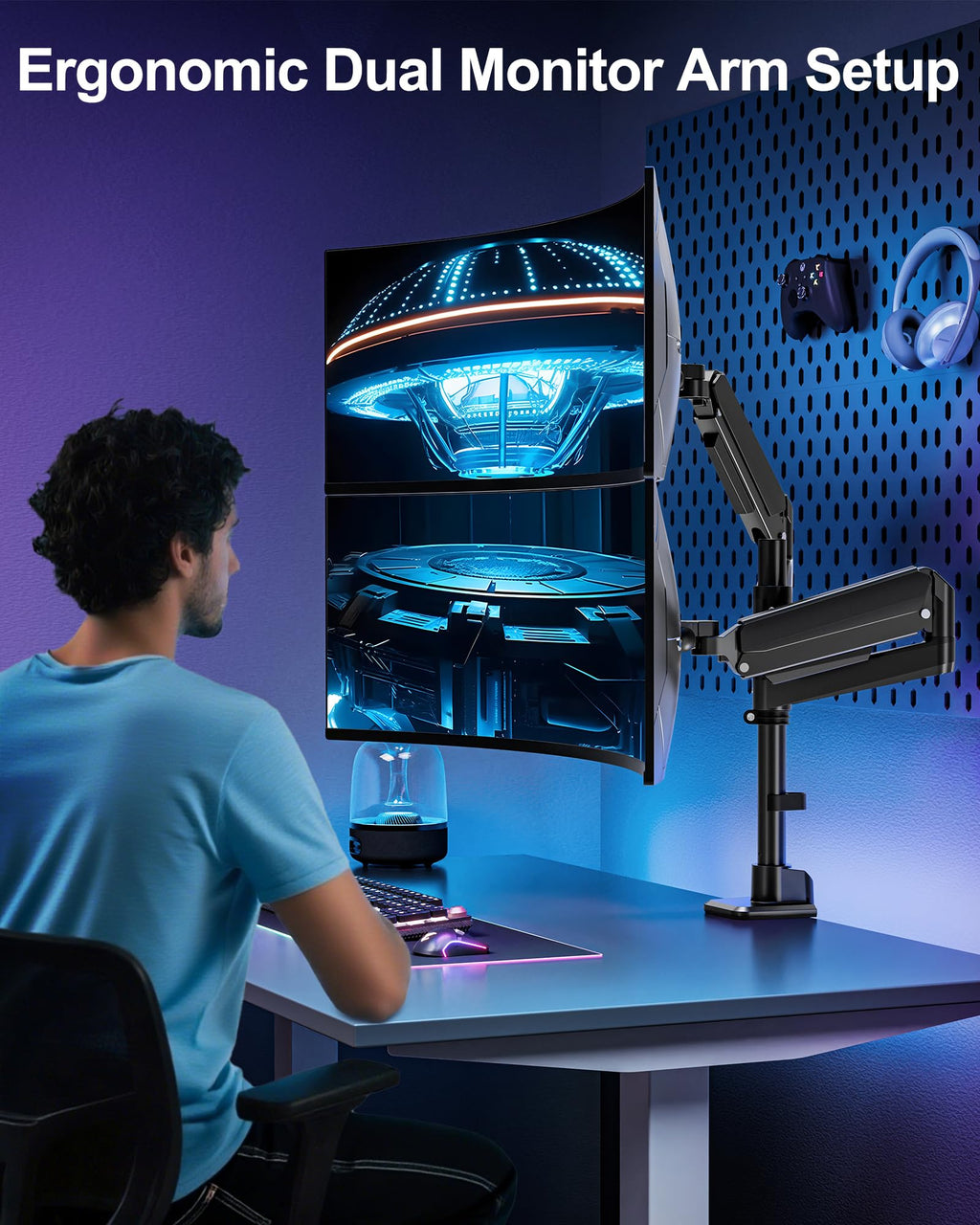 Dual Monitor Arm for Max 49" Ultrawide Screens up to 44 lbs, Heavy Duty Extra Tall Monitor Desk Mount, Vertical Stacked Adjustable Dual Monitor Mount, VESA Mount 75x75mm/100x100mm