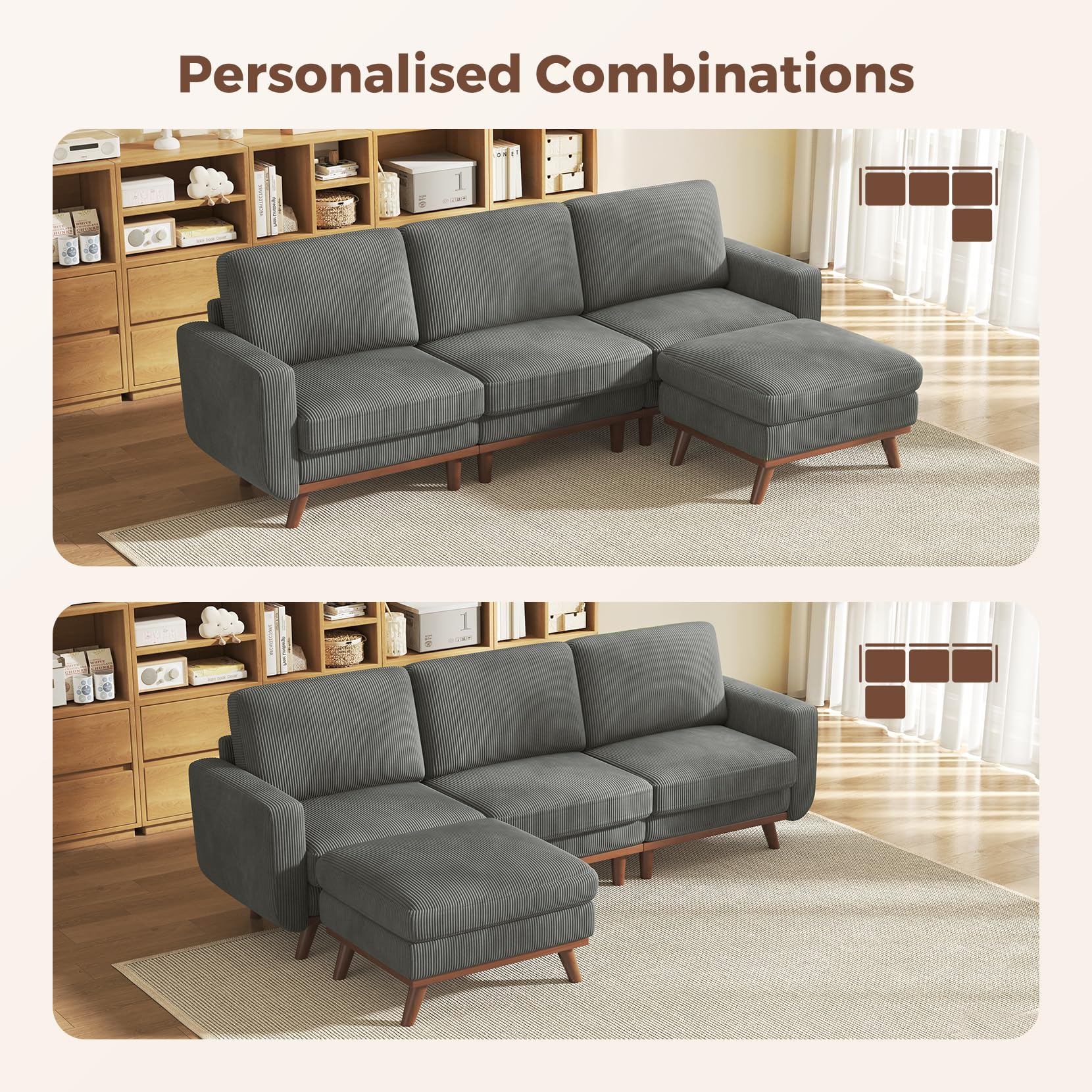 97" Modular Sectional Sofa Dark Gray, L-Shaped Couch with Movable Ottoman, Comfy Corduroy Couch with Spring Cushion, Modular Sofa with Deep Seat for Living Room, Bedroom and Apartment