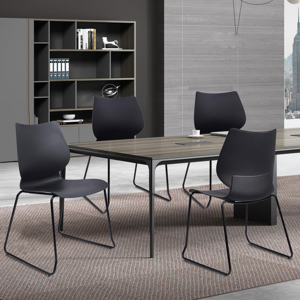 Set of 4, Black, Stackable Waiting Room Chair, Stacking Office Chair with Ergonomic Lumbar Support and Metal Legs, Plastic Desk Chairs for Conference School Church Guest Reception