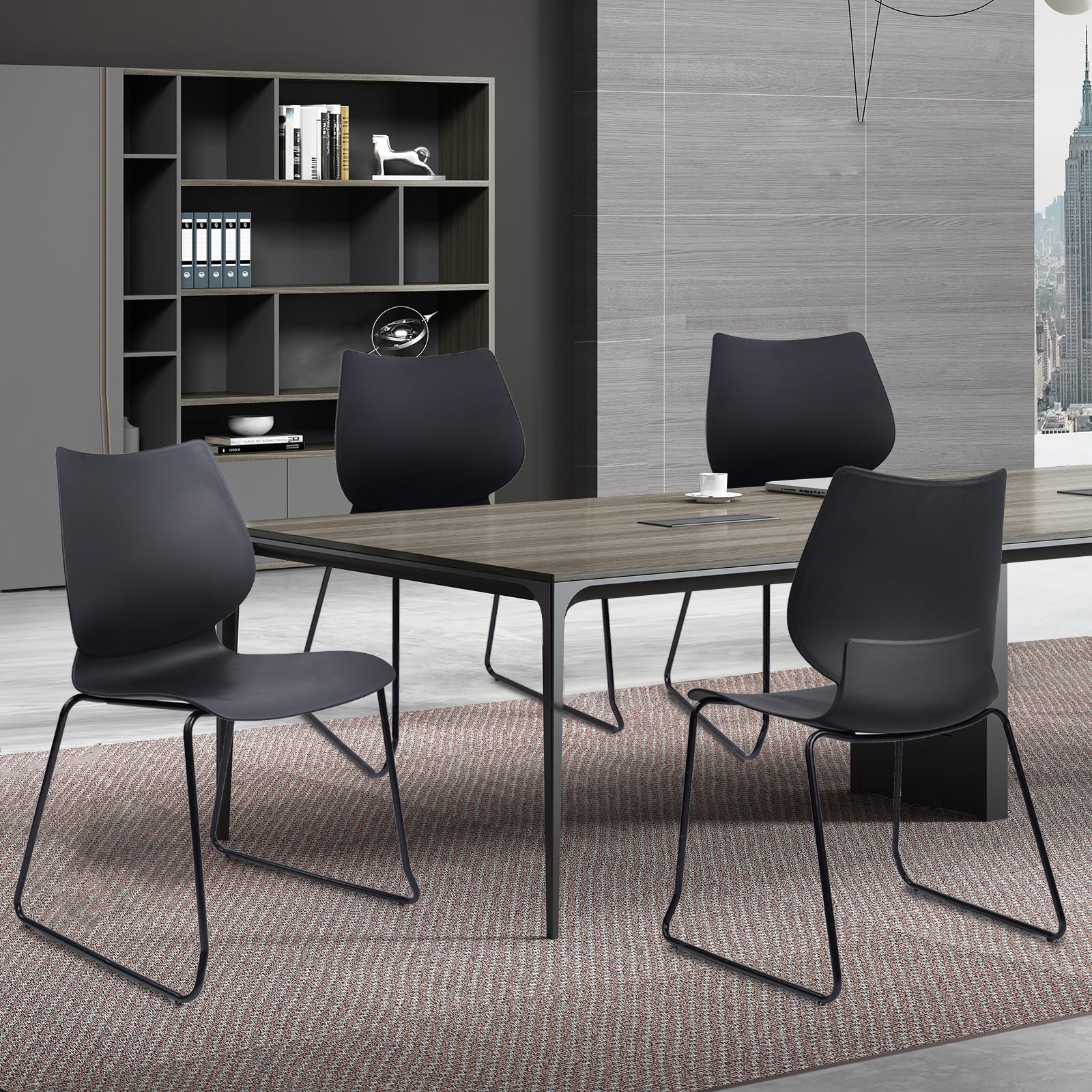 Set of 4, Black, Stackable Waiting Room Chair, Stacking Office Chair with Ergonomic Lumbar Support and Metal Legs, Plastic Desk Chairs for Conference School Church Guest Reception