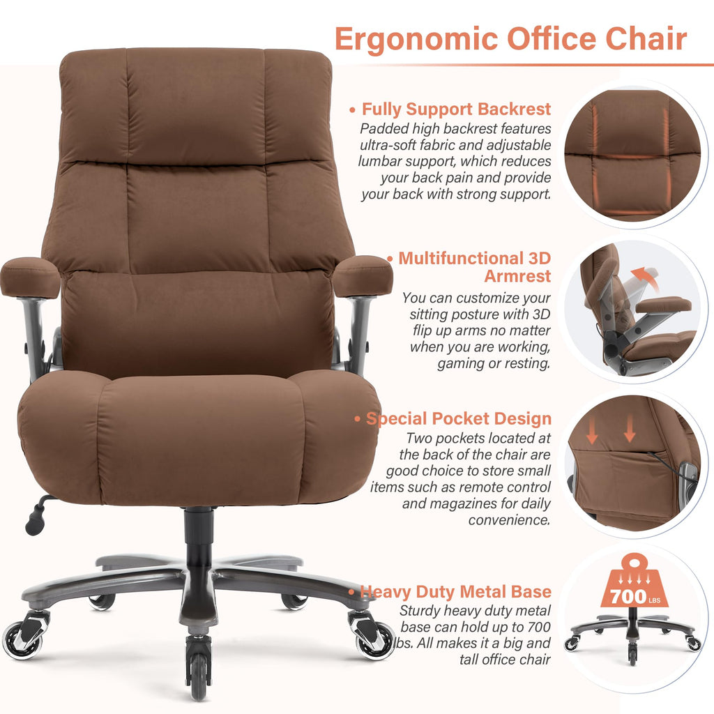 Big and Tall Office Chair 700lbs- Fabric Executive Desk Chair with Adjustable Lumbar Support 3D Flip UP Arms- Heavy Duty Quiet Wheels Metal Base Ultra-Soft Upholstered Ergonomic Computer Chairs, Brown