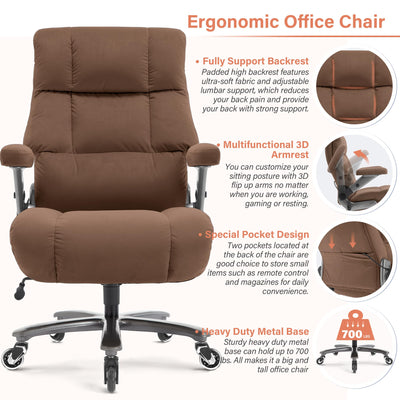 Big and Tall Office Chair 700lbs- Fabric Executive Desk Chair with Adjustable Lumbar Support 3D Flip UP Arms- Heavy Duty Quiet Wheels Metal Base Ultra-Soft Upholstered Ergonomic Computer Chairs, Brown