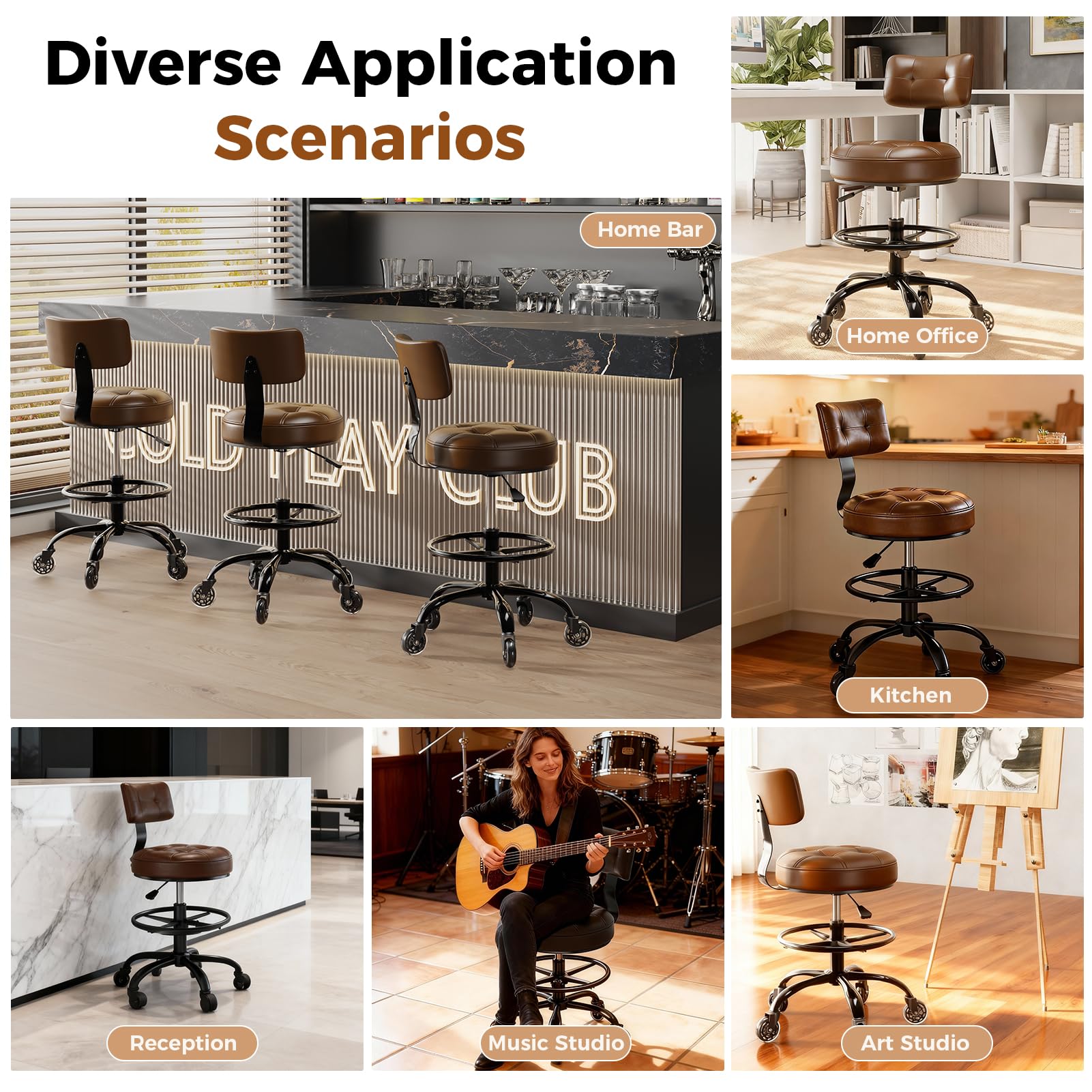 Office Drafting Chair with Footrest, Tall Height Adjustable Stool with Back Support, Heavy Duty Rolling Stool Chair with Wheels for Office Home Kitchen Bar Shop Guitar Studio Vanity, Brown