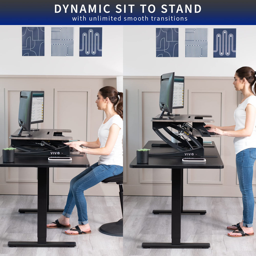 36 inch Height Adjustable Stand Up Desk Converter, V Series, Quick Sit to Stand Tabletop Dual Monitor Riser Workstation, Gray Top, Black Frame, DESK-V000VG