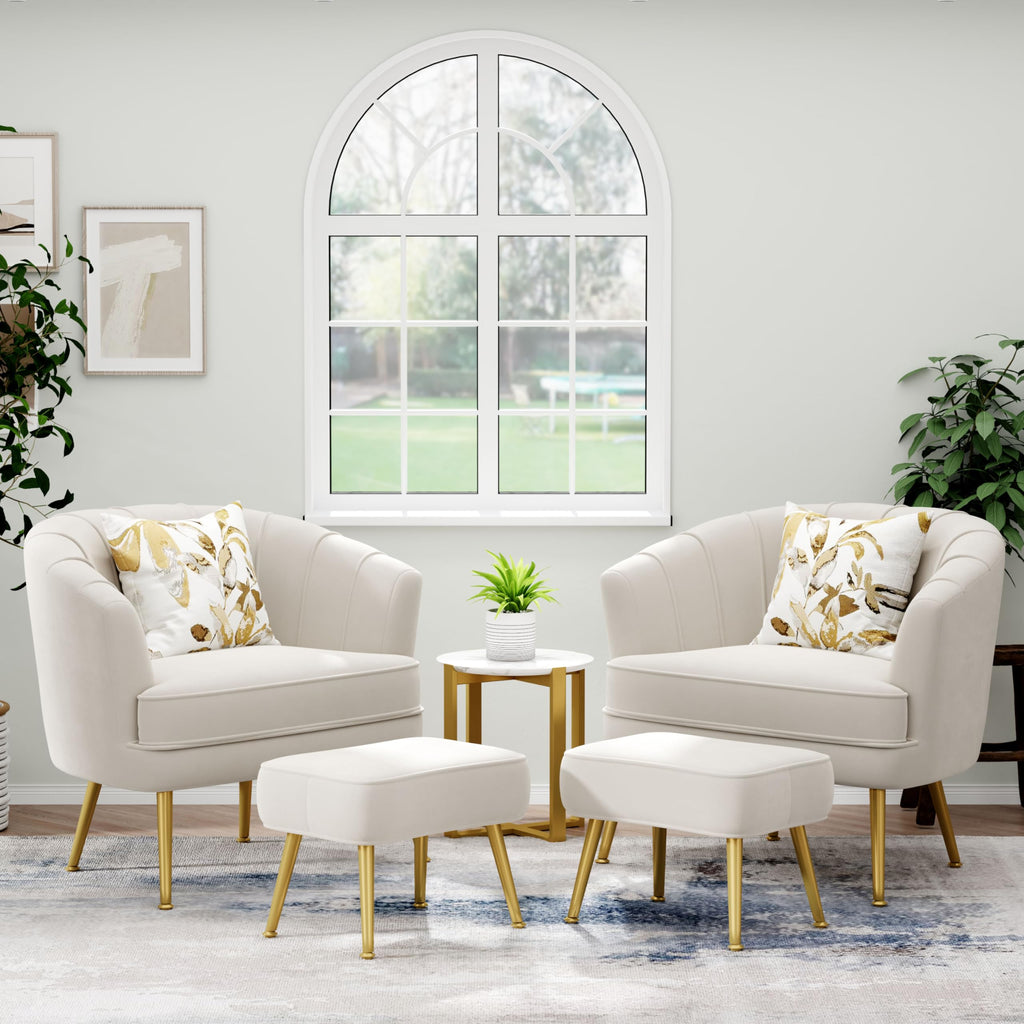 Velvet Accent Chair with Ottoman, Upholstered Modern Single Sofa Side Chair,Comfy Barrel Club Living Room Armchair with Golden Metal Legs for Bedroom Living Reading Room Office, Beige