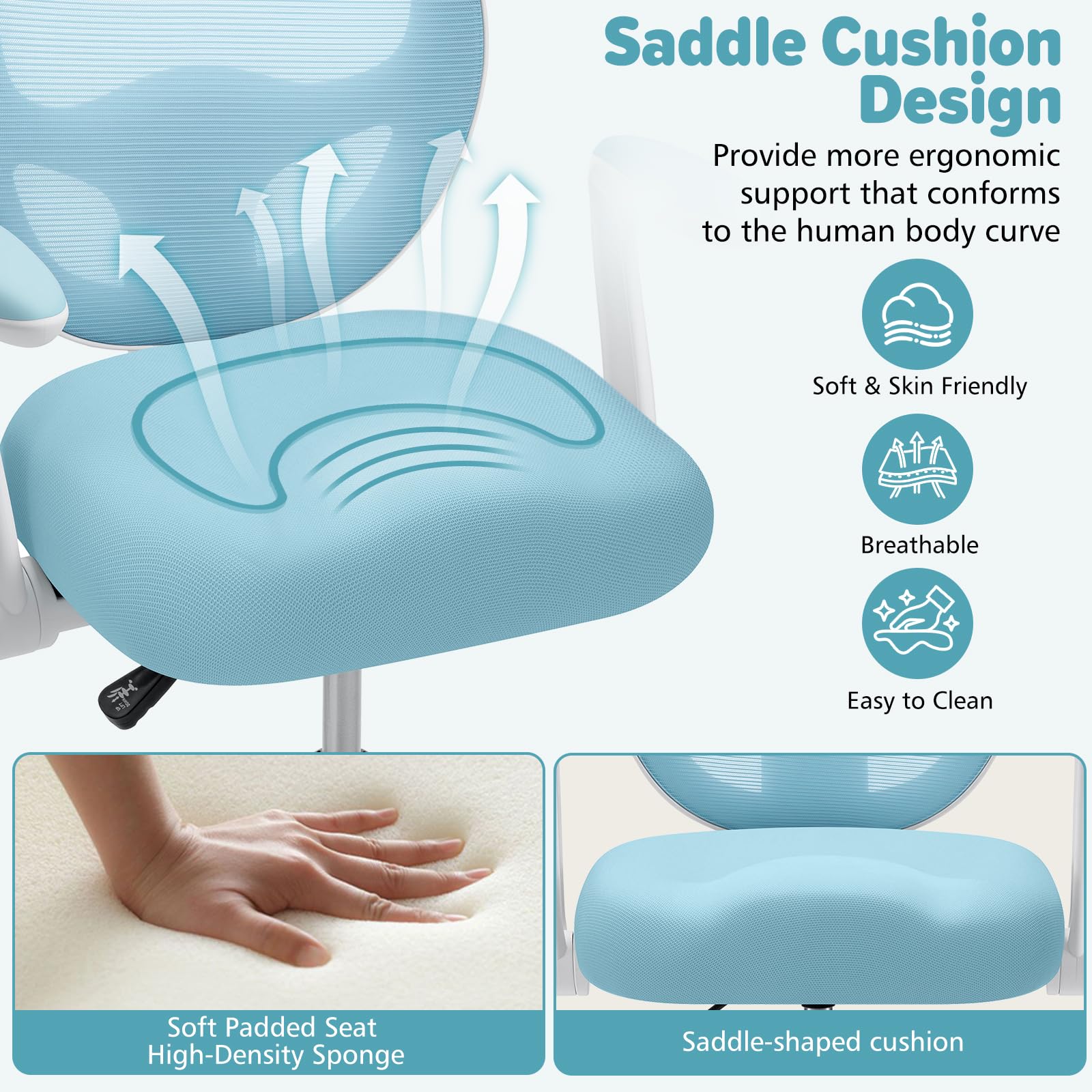 Kids Desk Chair Ergonomic Study Chair with Flipped Armrest and Footrest Adjustable Height Swivel Kids Computer Chair Mesh Desk Chair for Boys Girls Children at Home Bedroom Study Room Blue