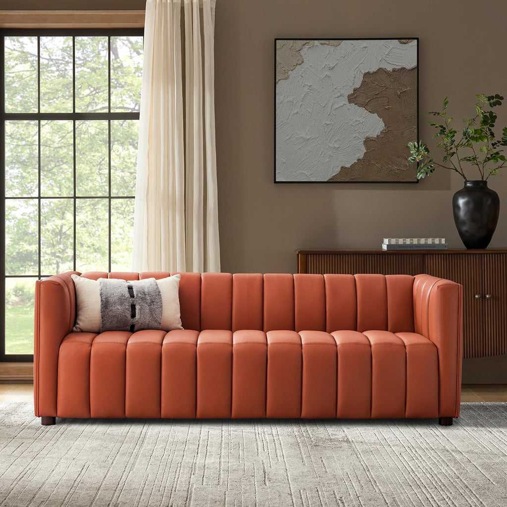 83" Genuine Leather Sofa with Channel Tufted Design, 3-Seater Sofa for Living Room Bedroom, Modern Oversized Couch with Wood Legs, Brick