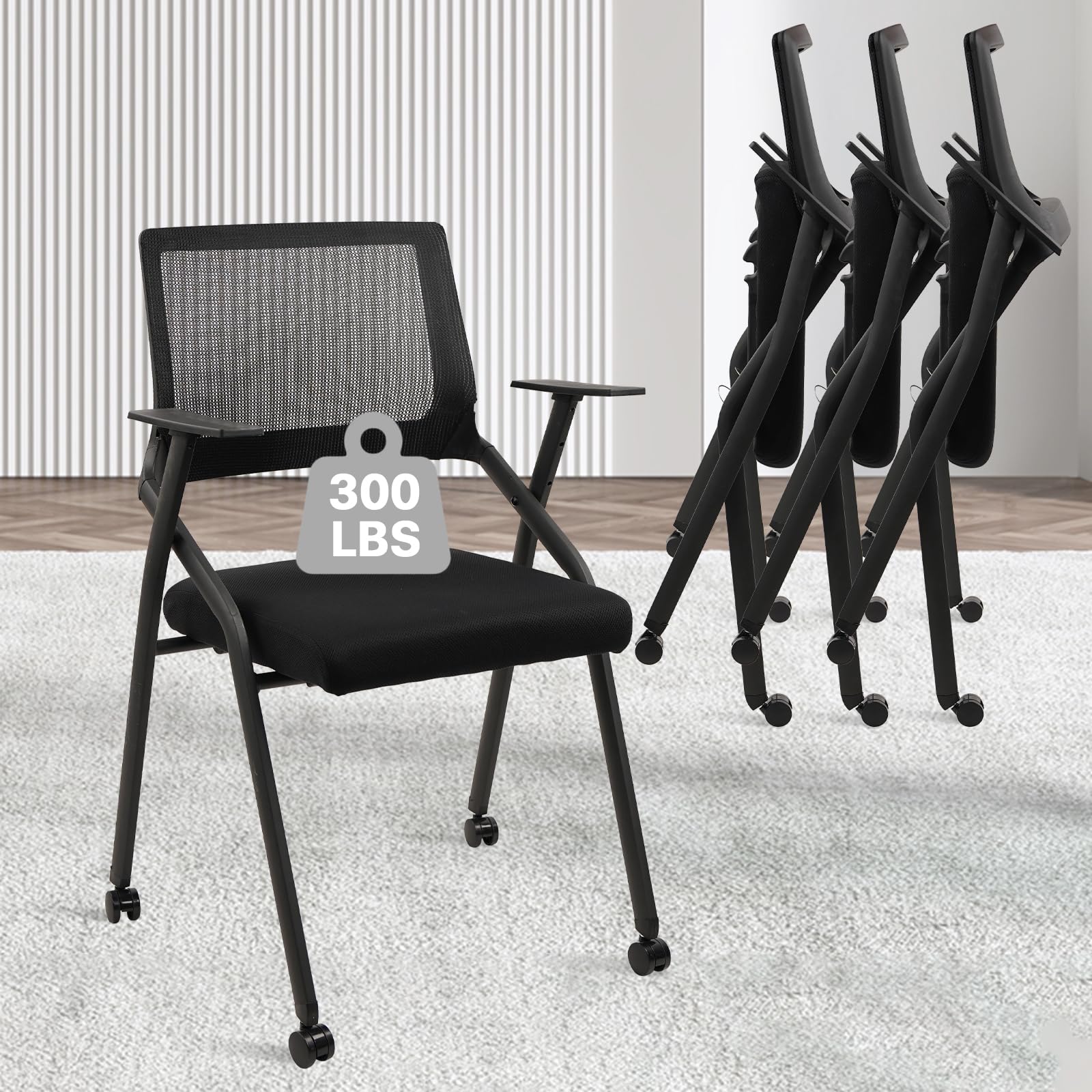 Black (4pk), Stackable Foldable Conference Room Chairs with Wheels, Portable Padded Office Desk Chair with Lumbar Support and Armrest for Training Room, Guest, Reception, Event