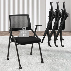 Black (4pk), Stackable Foldable Conference Room Chairs with Wheels, Portable Padded Office Desk Chair with Lumbar Support and Armrest for Training Room, Guest, Reception, Event