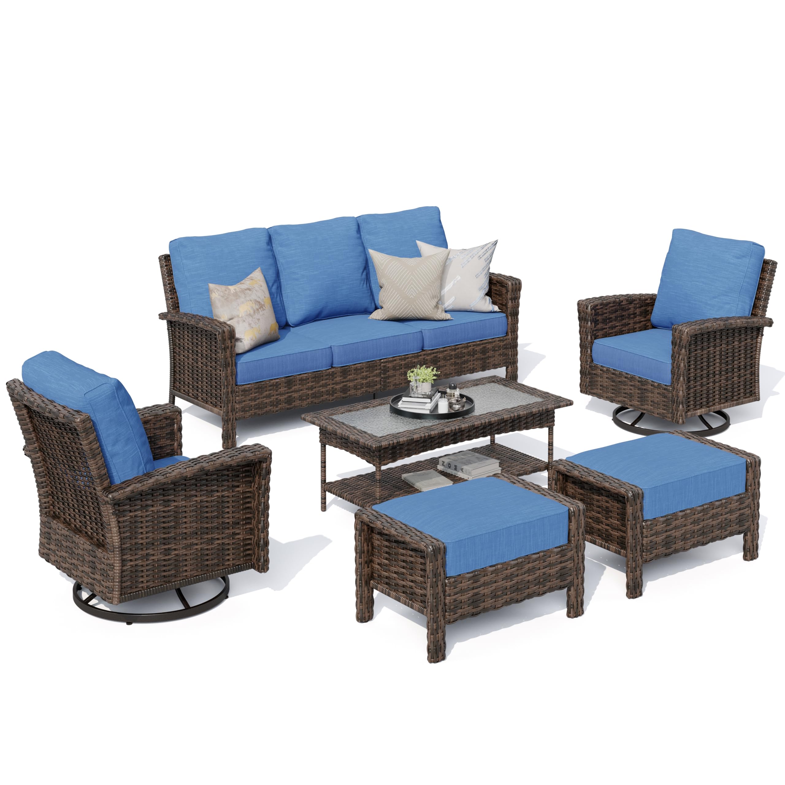 High Back Patio Furniture Set with Swivel Chairs, All Weather Outdoor Wicker Sofa Set, 6 Pieces Patio Conversation Sets with 5.5