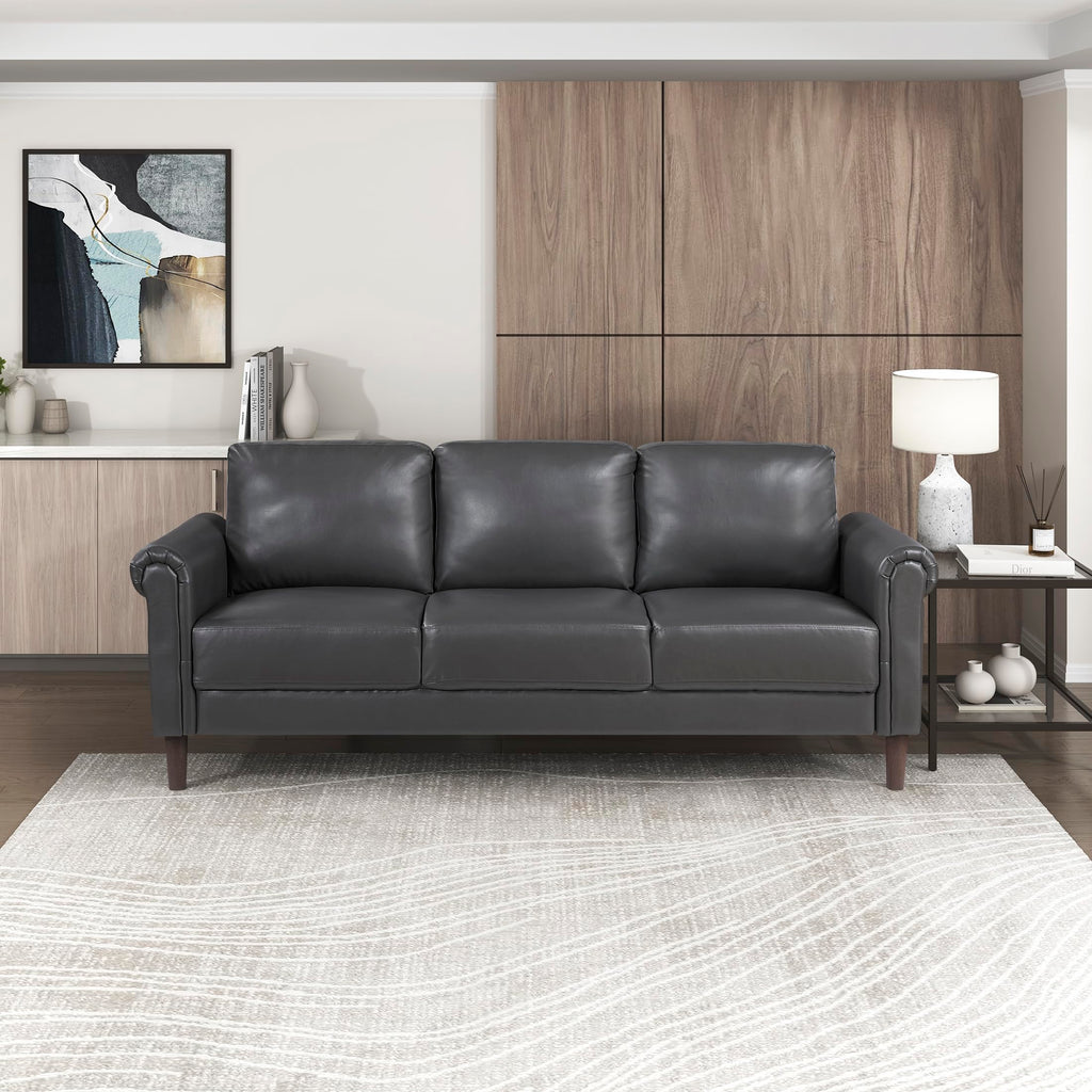 79" W Sofa Couch, Faux Leather Upholstered 3-Seater with Rolled Arms & Wood-Look Feet, Pocket Coil Support, Traditional Living Room, Office or Waiting Room Seating - Dark Gray