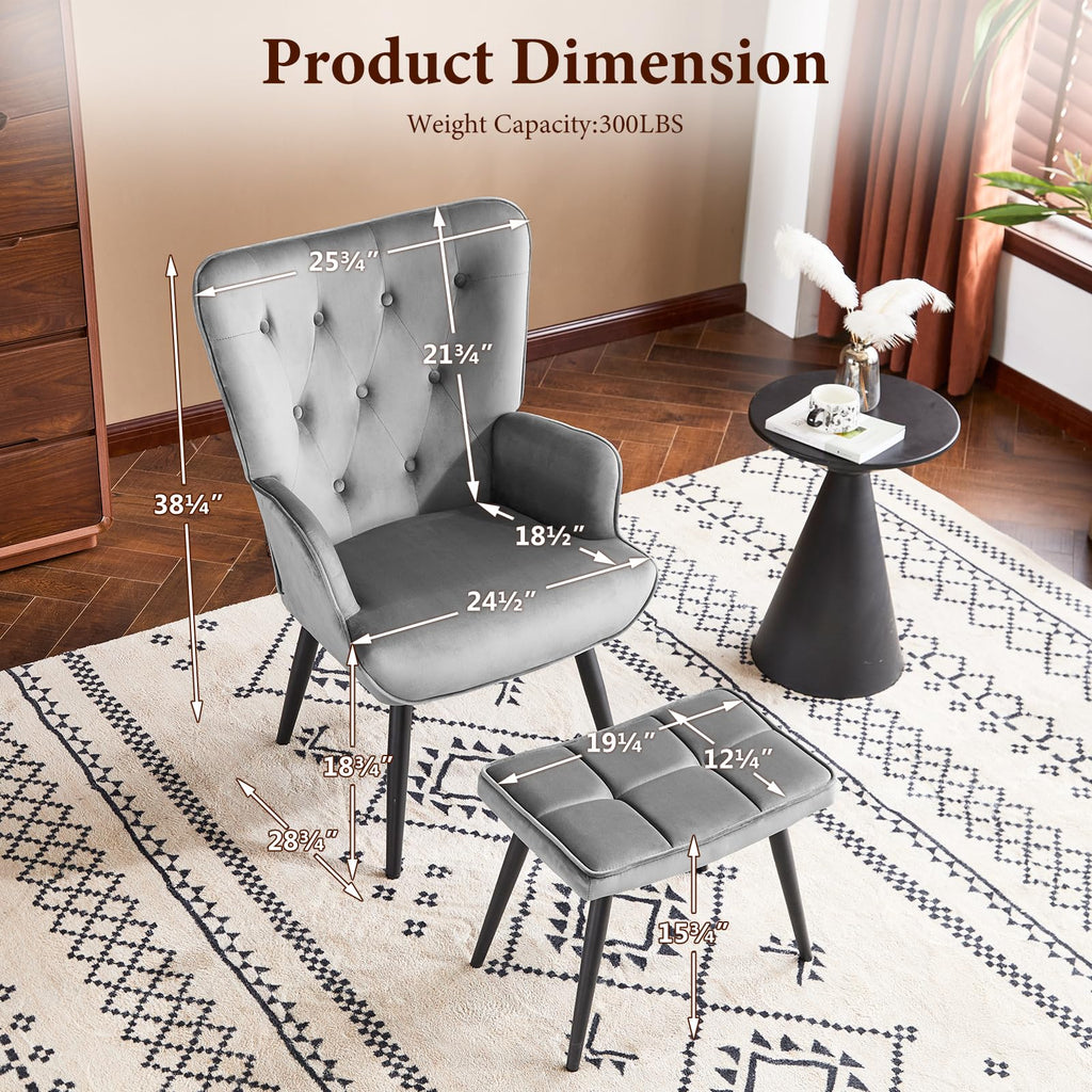 Velvet Accent Chair with Ottoman, Upholstered Reading Chair with High Backrest, Tufted-Button Wingback Armchair for Bedroom, Dressing Room, Home Office, Grey