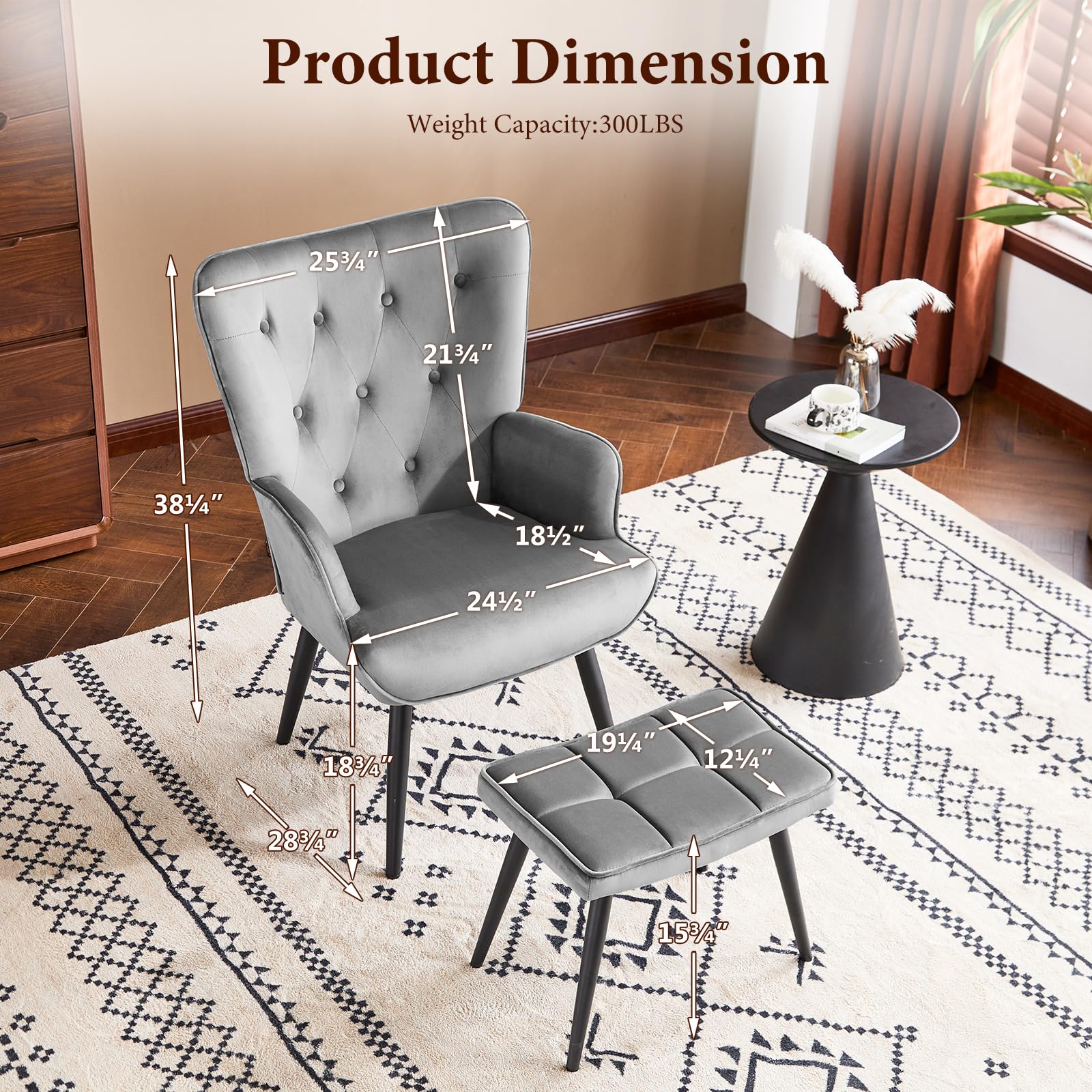 Velvet Accent Chair with Ottoman, Upholstered Reading Chair with High Backrest, Tufted-Button Wingback Armchair for Bedroom, Dressing Room, Home Office, Grey