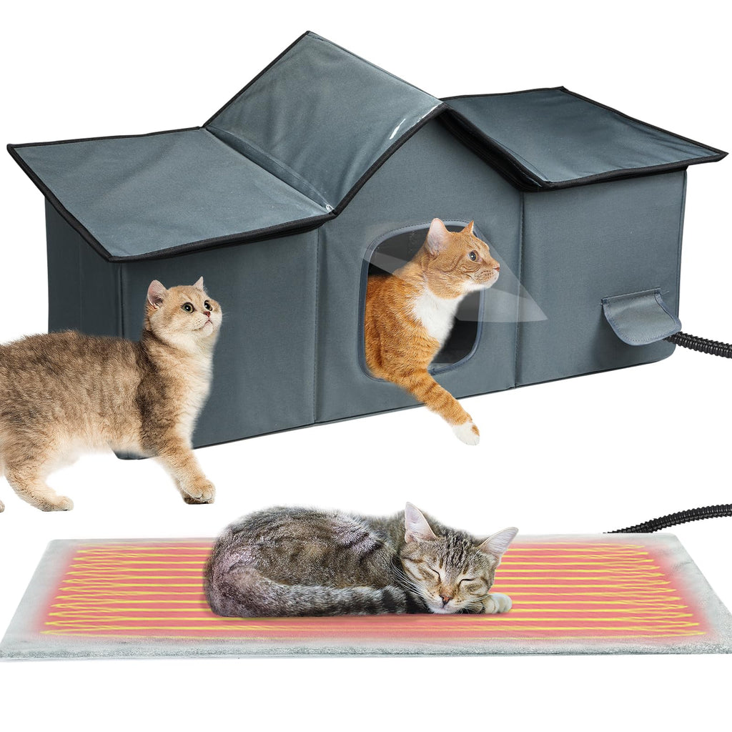 Weatherproof Heated Cat Houses for Outdoor Cats - Insulated Cat Shelter for Winter with Thermostatic Heating Pad and Escape Door, Warm Outside Pet House Gift for 3-4 Feral Cats (X-Large)