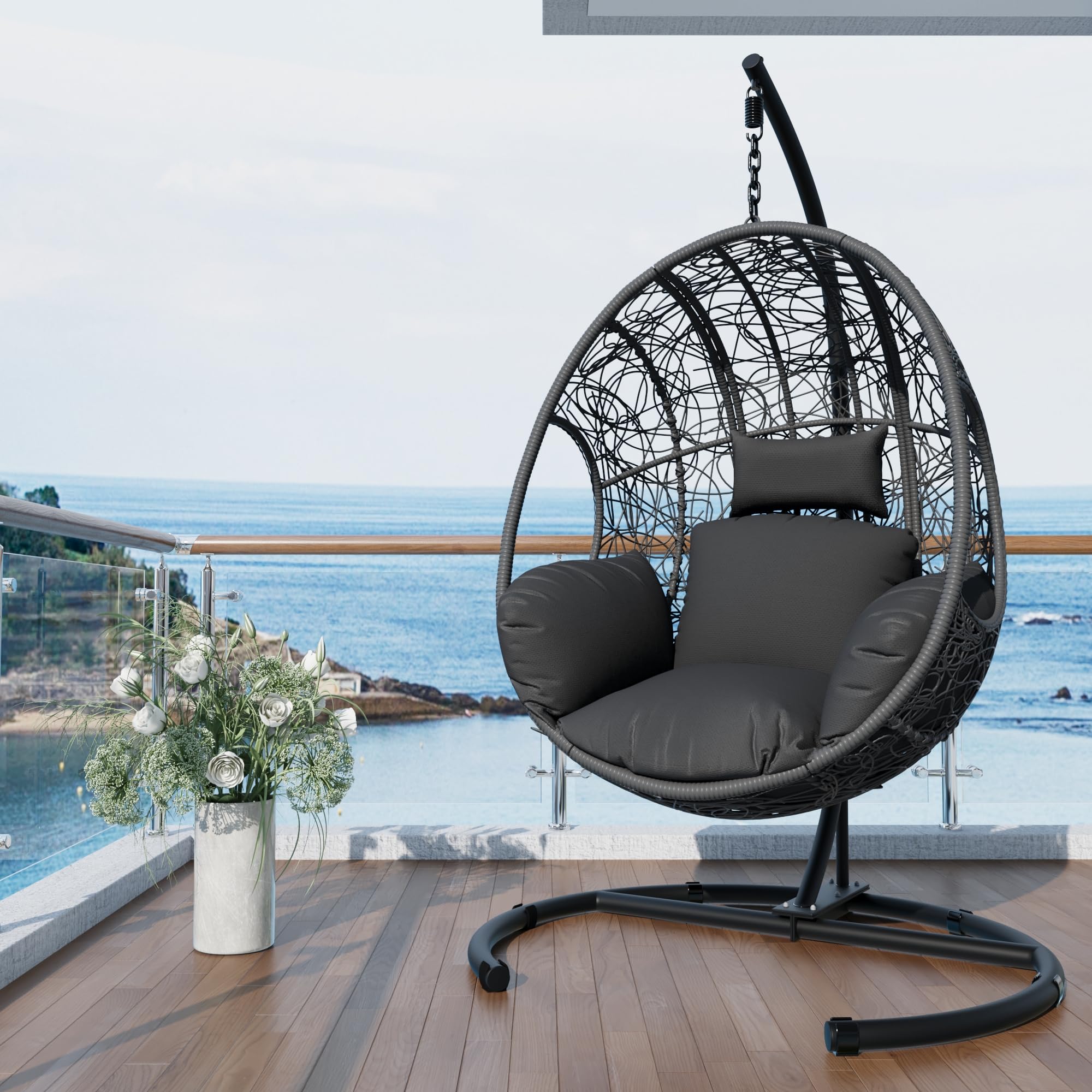 Oversized Hanging Egg Chair Outdoor Indoor, Wicker Swing Egg Chair with Stand 400lbs Capacity for Bedroom, Patio, Garden and Balcony (Grey-nest, Oversize)