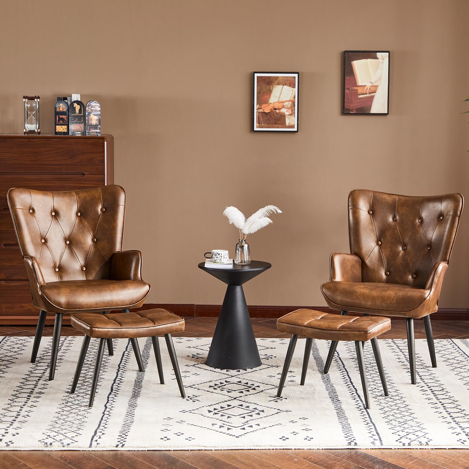 PU Leather Accent Chair with Ottoman, Upholstered Reading Chair with High Backrest, Tufted-Button Wingback Armchair for Bedroom, Dressing Room, Home Office, Brown