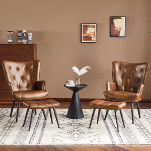 PU Leather Accent Chair with Ottoman, Upholstered Reading Chair with High Backrest, Tufted-Button Wingback Armchair for Bedroom, Dressing Room, Home Office, Brown