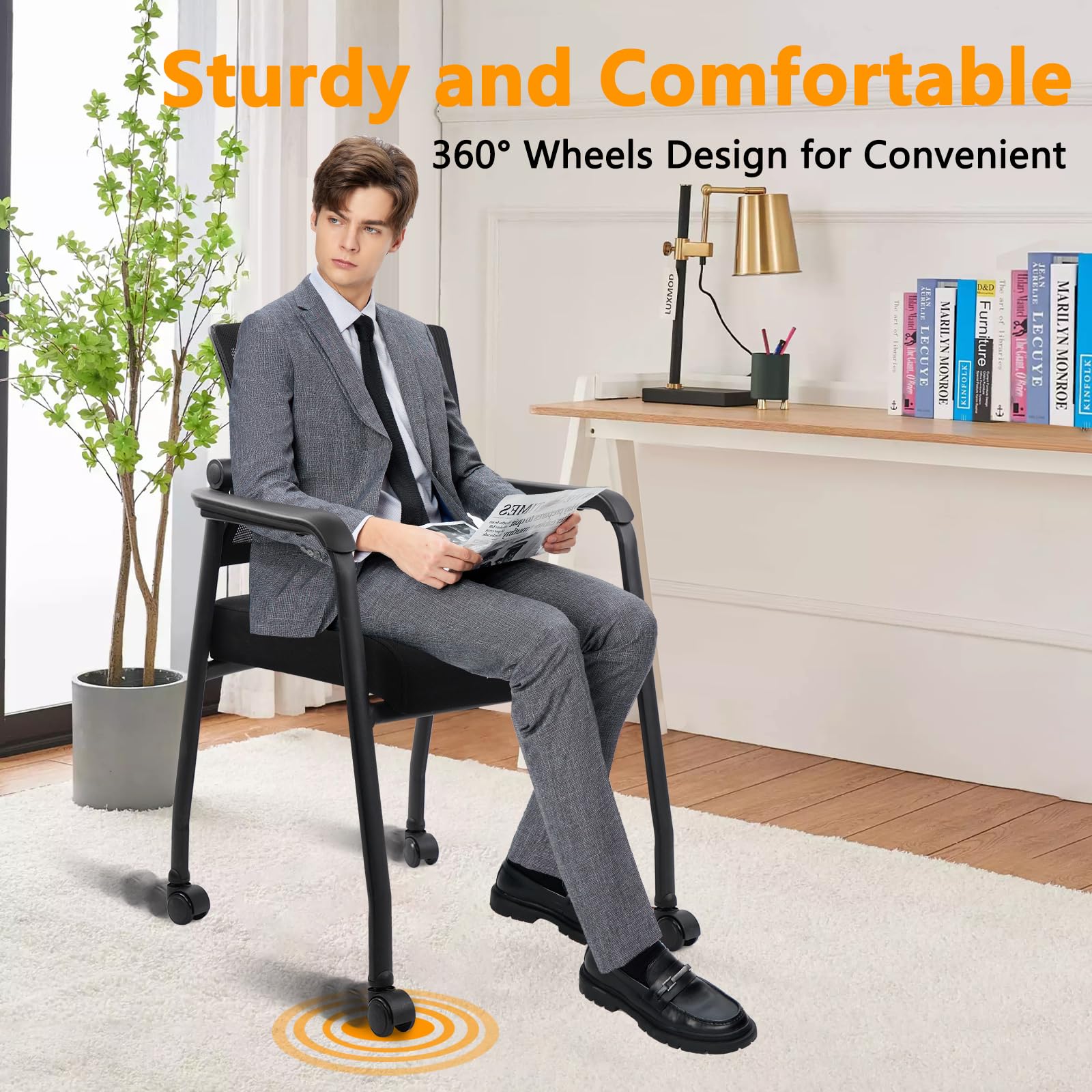 Waiting Room Chairs with Wheels, Adjustable Mesh Backrest, Desk Chair with Ergonomic Lumbar Support and Thickened Seats Cushion, 8 Pack Black
