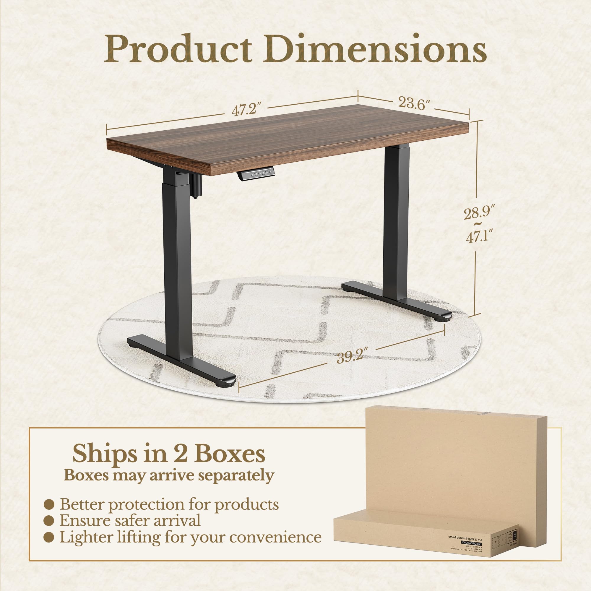 Electric Standing Desk, 48 Inch Adjustable Height Sit Stand Up Desk with 1.18" Thickness Whole-Piece Desktop, Computer Office Desk for Home Office, Black Walnut