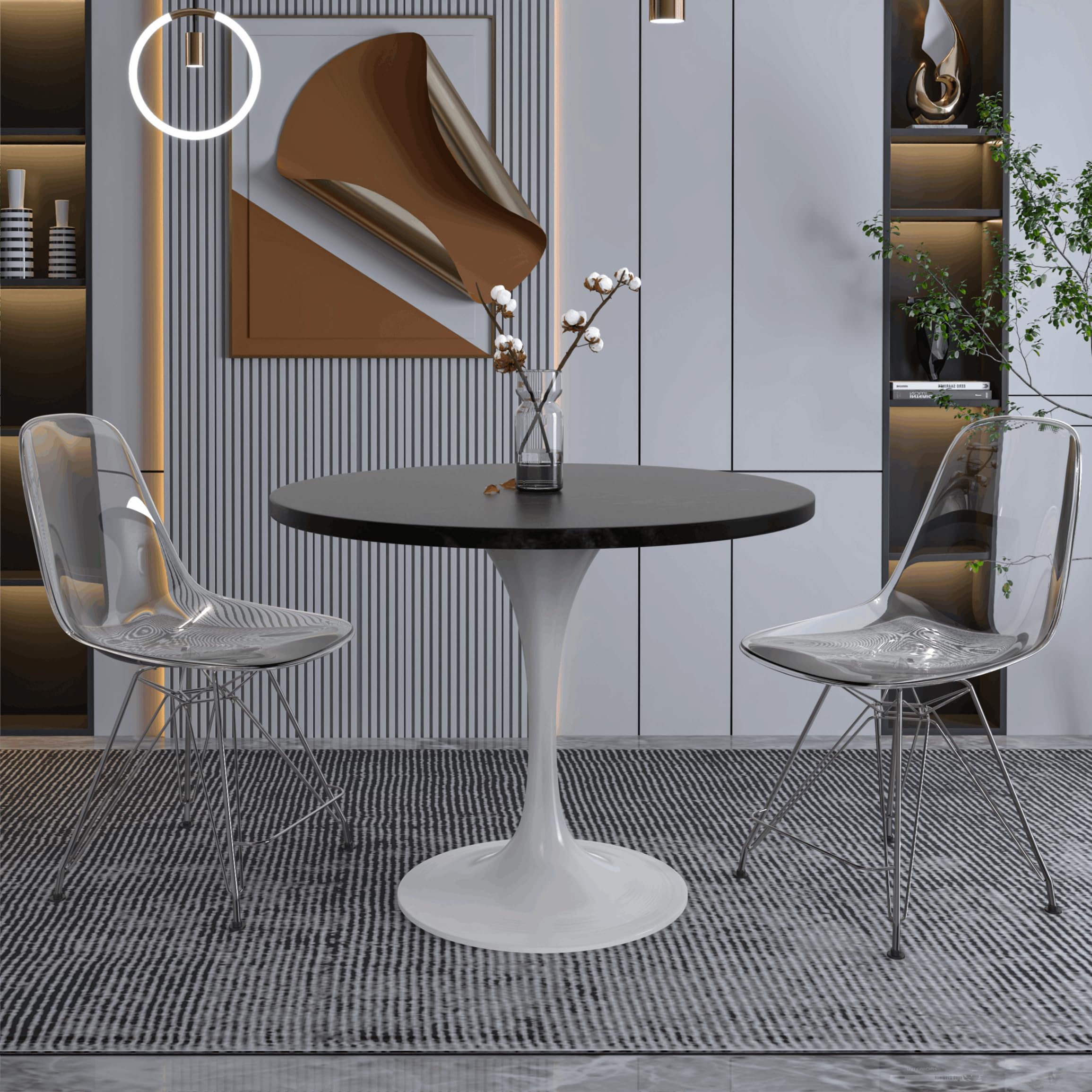 Mid-Century Modern 36 Inch Round Dining Table, MDF Wood Tabletop with White Steel Pedestal Base, Contemporary Kitchen & Dining Room Table, for Small Spaces (Black)