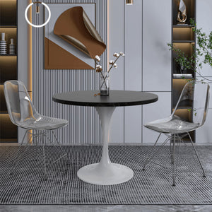 Mid-Century Modern 36 Inch Round Dining Table, MDF Wood Tabletop with White Steel Pedestal Base, Contemporary Kitchen & Dining Room Table, for Small Spaces (Black)