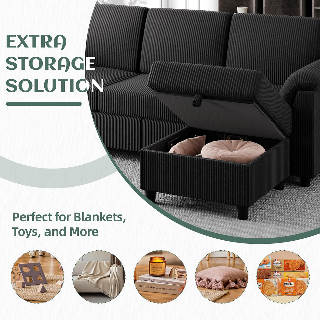 Convertible Sectional Couches, 3 Seat L Shaped Couch Sofa with Removable Pillows Soft Corduroy Fabric Small Couch Mid Century for Living Room, Apartment and Office Black