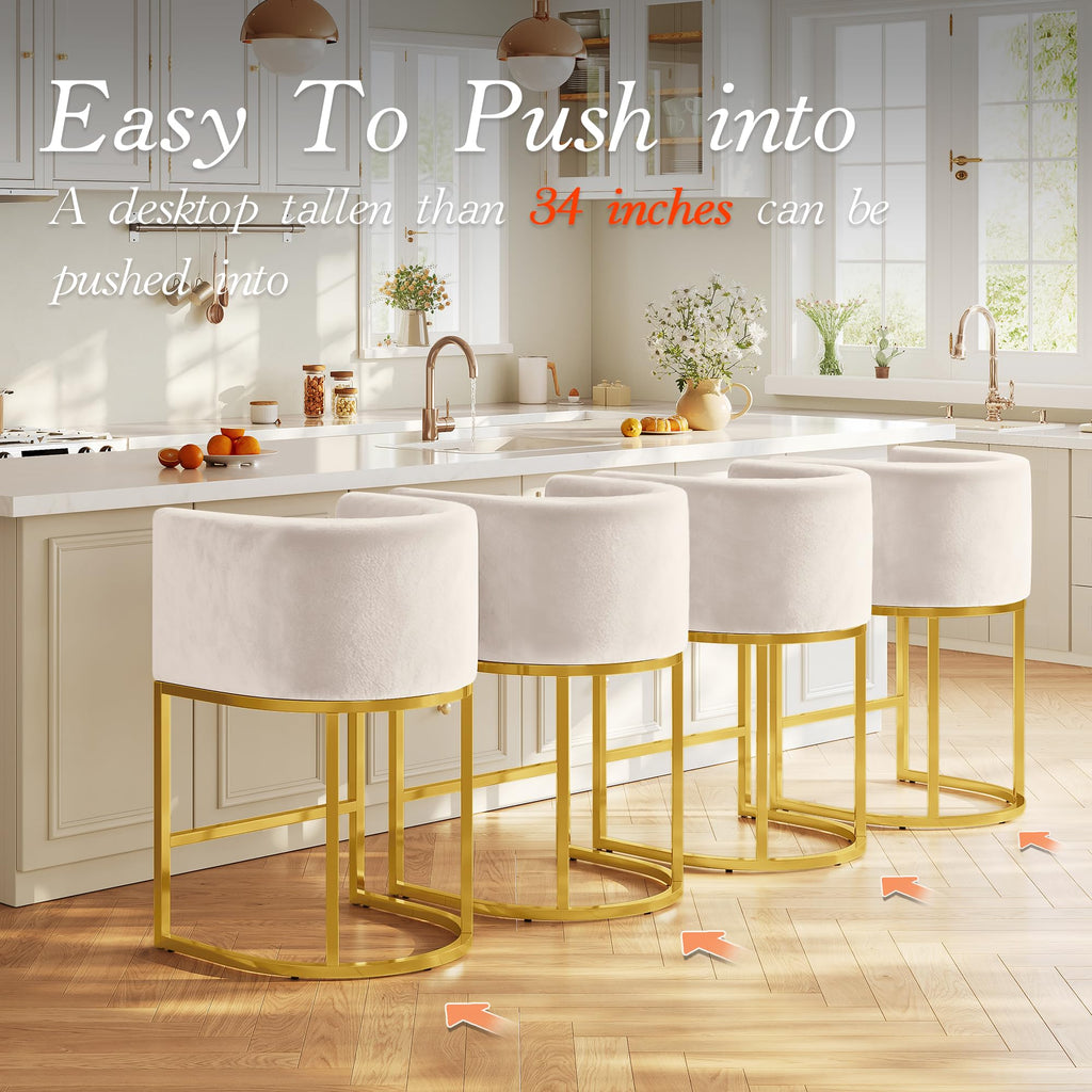 Modern Counter Height Bar Stools,Bar Stools Set of 2,Velvet Fabric Upholstered Barrel Barstools with Backs,26'' Kitchen Island Chairs,Metal Gold Frames,Beige White Velvet