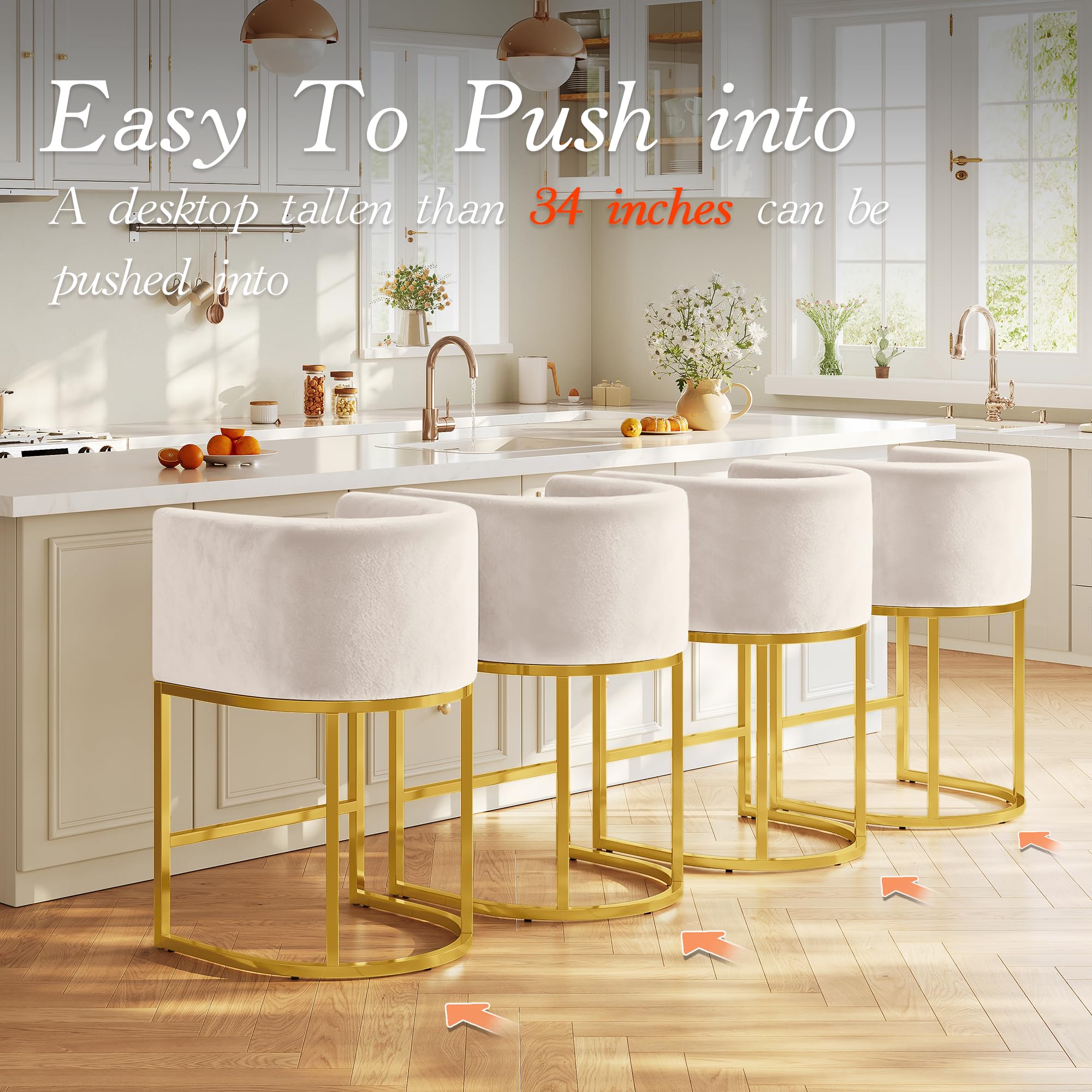 Modern Counter Height Bar Stools,Bar Stools Set of 3,Velvet Fabric Upholstered Barrel Barstools with Backs,26'' Kitchen Island Chairs,Metal Gold Frames,Beige White Velvet