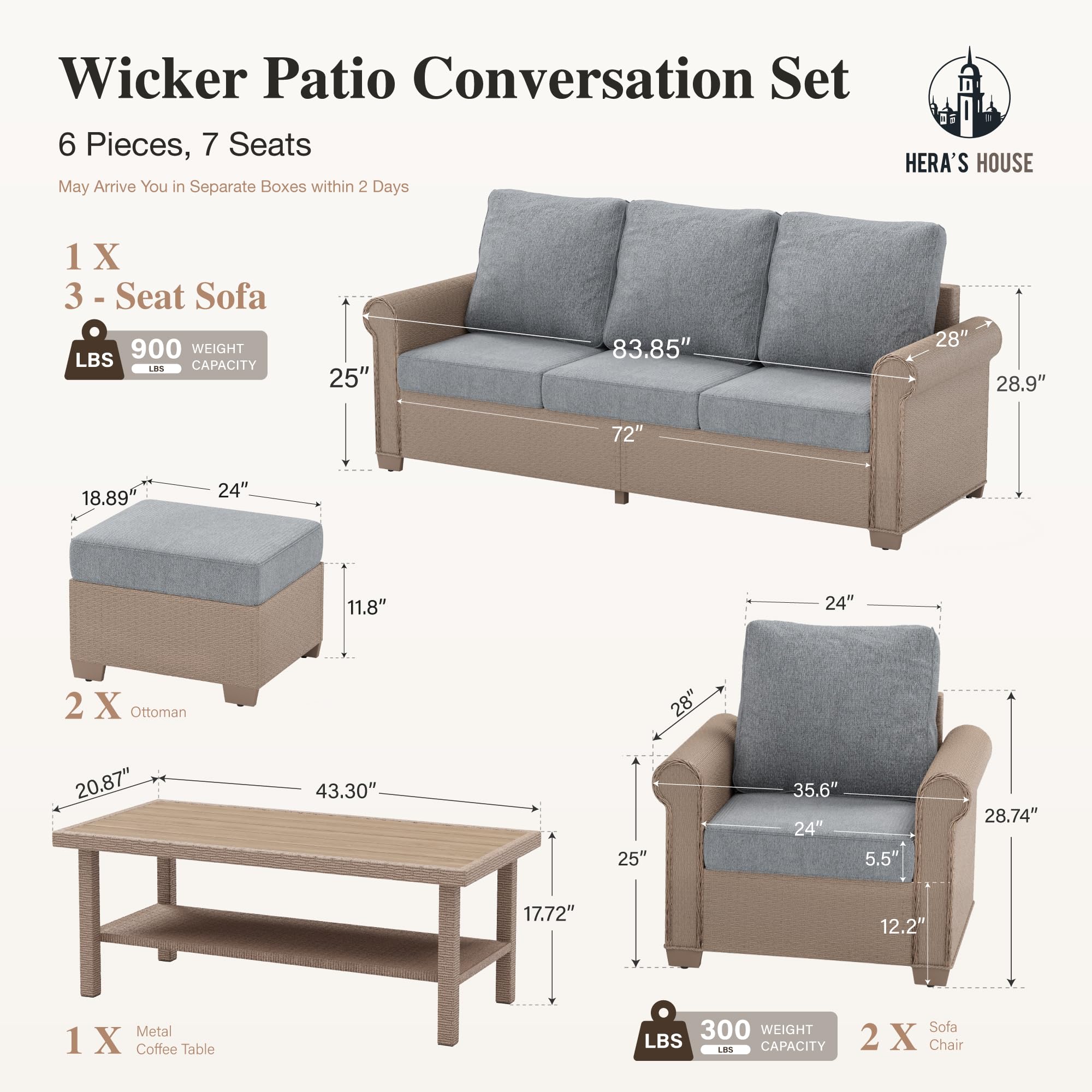 6-Piece Patio Furniture Set, All Weather 7 Seats Outdoor Wicker Sofa with Ottomans, Rattan Patio Conversation Set with 5.5" Thick Cushions and 44" Coffee Table, Grey