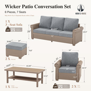 6-Piece Patio Furniture Set, All Weather 7 Seats Outdoor Wicker Sofa with Ottomans, Rattan Patio Conversation Set with 5.5