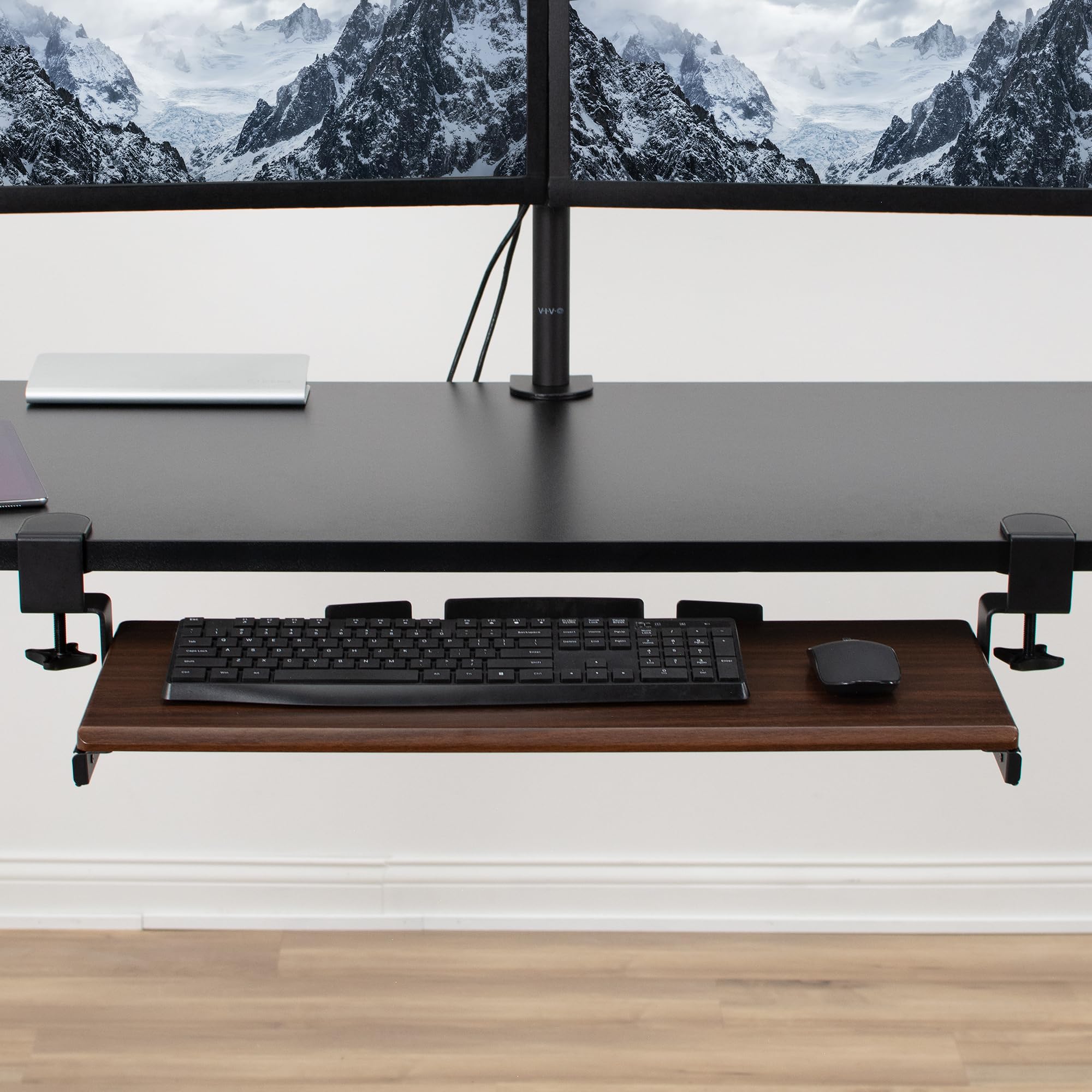 Large Clamp-on Computer Keyboard and Mouse Under Desk Slider Tray, 27 x 11 inch Pull Out Platform Drawer, Dark Wood, MOUNT-KB05D