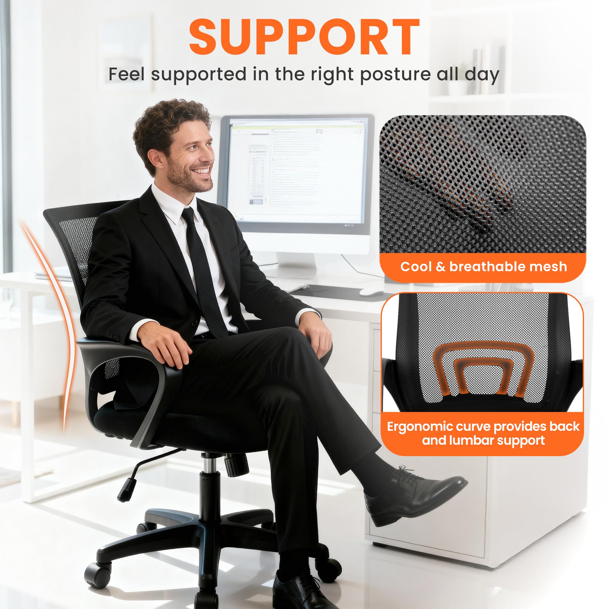 Office Desk Computer Chair Ergonomic Mesh Gaming Cushion Seat with Comfy Lumbar Mid Back Support Adjustable Height Swivel Rolling Wheels for Home Task (Mesh Black)