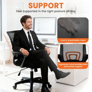 Office Desk Computer Chair Ergonomic Mesh Gaming Cushion Seat with Comfy Lumbar Mid Back Support Adjustable Height Swivel Rolling Wheels for Home Task (Mesh Black)