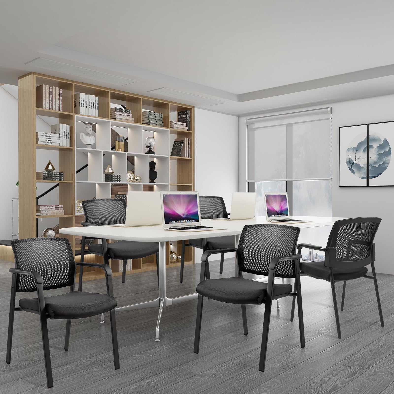 Black 4 Pack Set, Mesh Back Stacking Arm Chairs with Upholstered Fabric Seat and Ergonomic Lumber Support for Office School Church Guest Reception , New Version