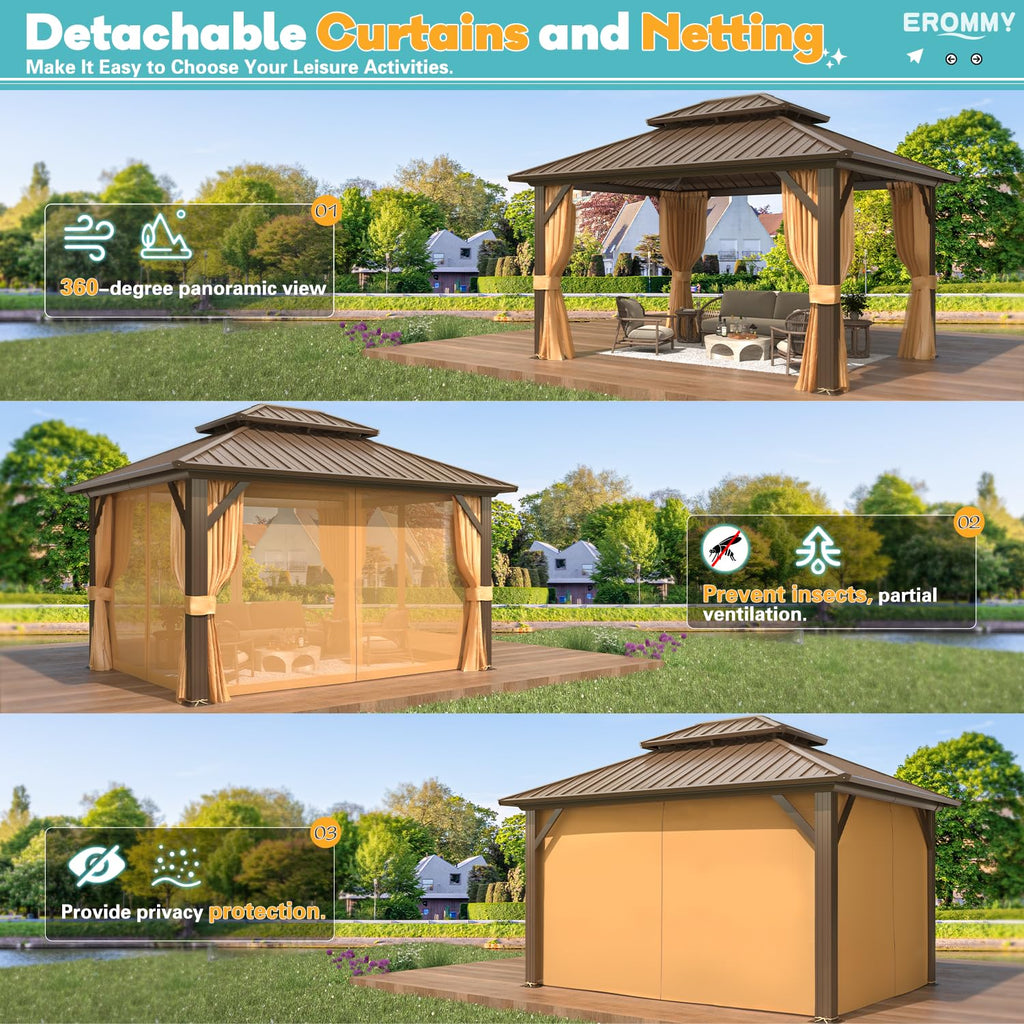 10' x 12' Hardtop Gazebo, Aluminum Frame Gazebos with Galvanized Steel Double Roof, Permanent Outdoor Metal Pavilion with Curtain and Netting for Patio, Lawn, Deck
